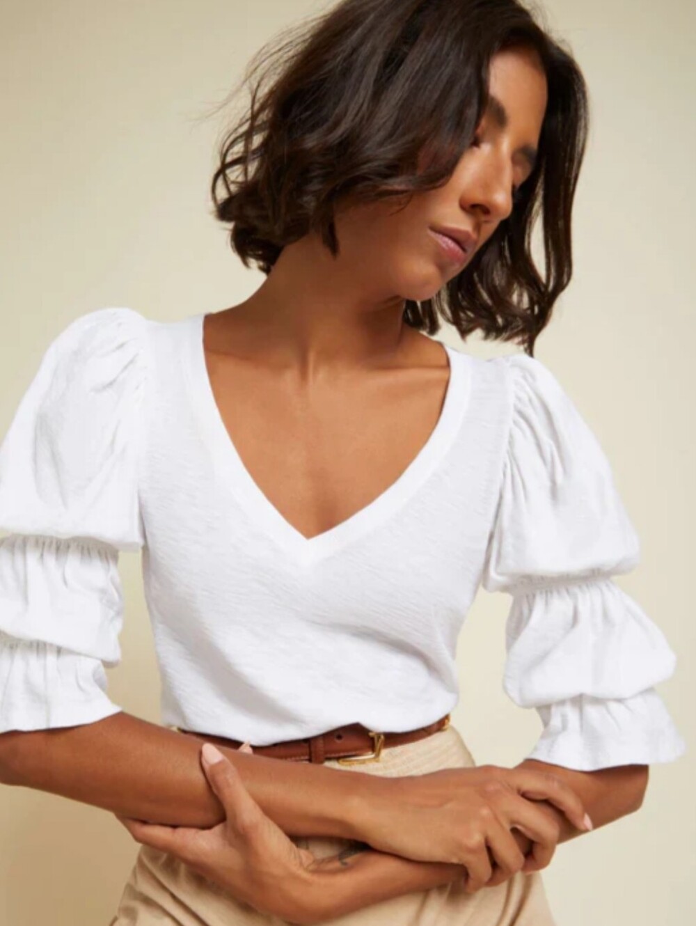Nation‎ LTD Top Katana White V-Neck Puff Sleeve Tiered